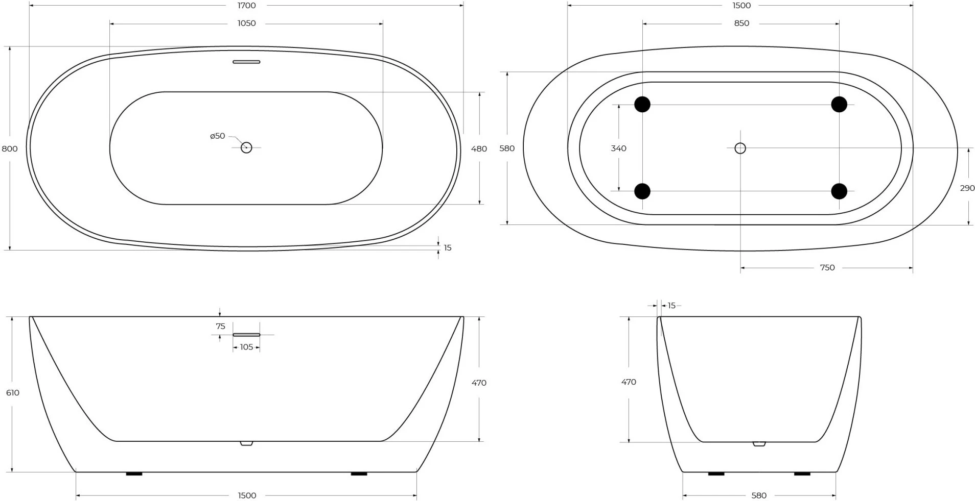 Акриловая ванна BelBagno BB415-1700-800 170x80